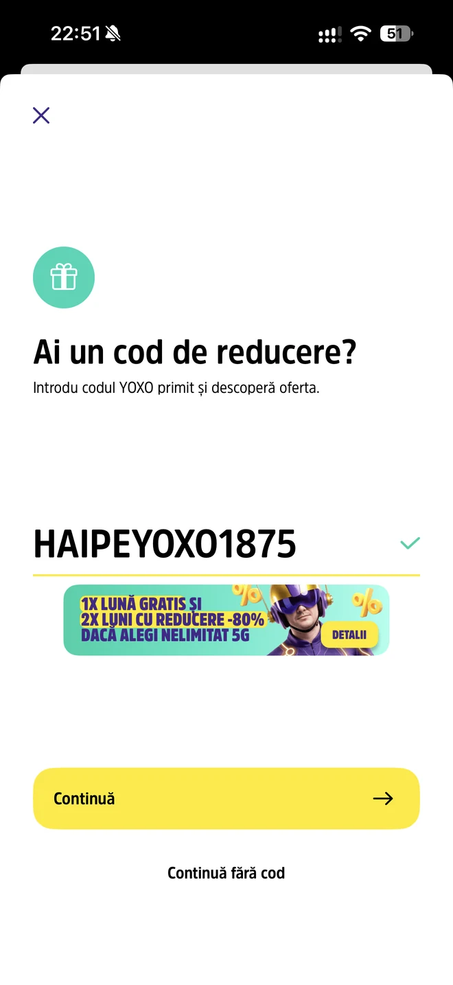 Codul HAIPEYOXO1875 acceptat în aplicația YOXO, cu bifă verde, la 5 octombrie 2026