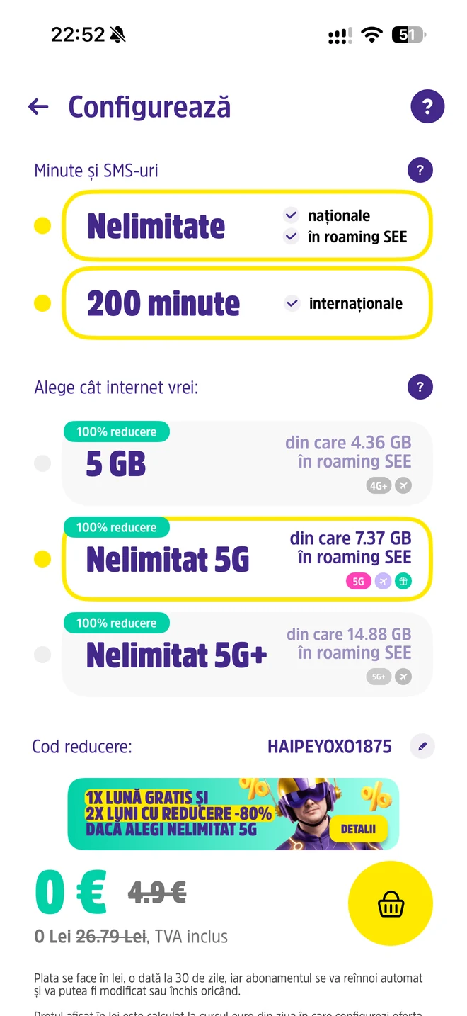 Oferta din 5 octombrie 2026: reducere de 100% la toate cele trei abonamente YOXO și total 0 euro pentru Nelimitat 5G selectat